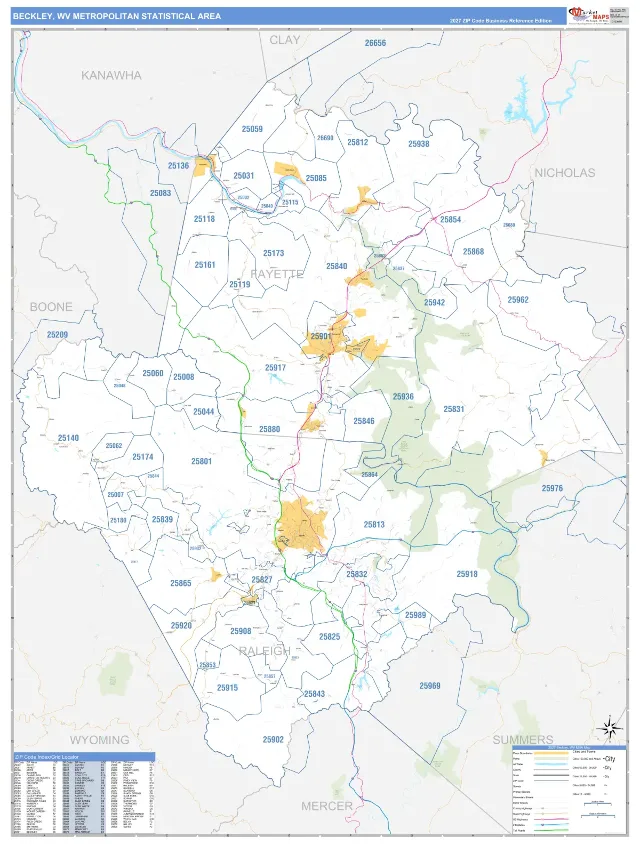 Beckley Metro Area ZIP Code Wall Map, Business Reference style