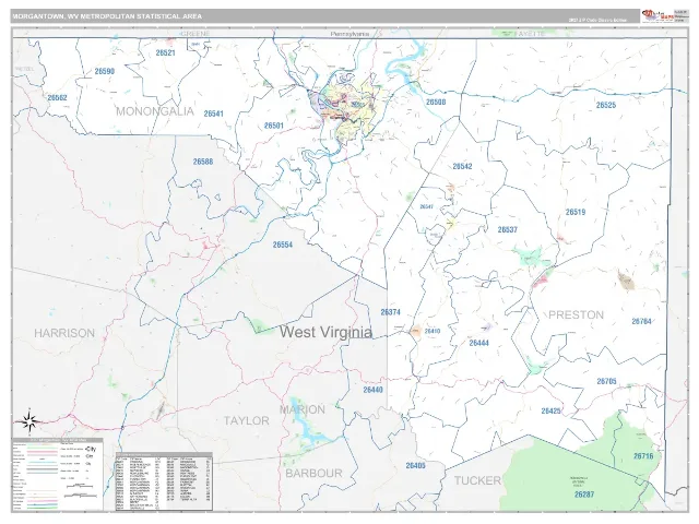 Morgantown Metro Area ZIP Code Wall Map, Classic style