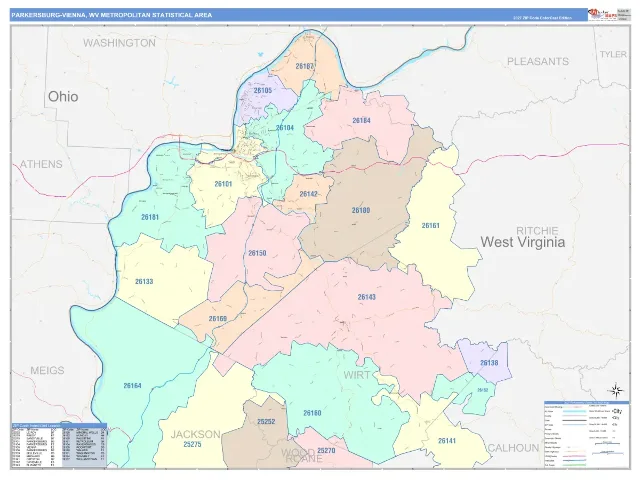 Parkersburg-Vienna Metro Area ZIP Code Wall Map, ColorCast style