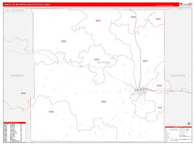 Casper Metro Area ZIP Code Wall Map, RedLine style