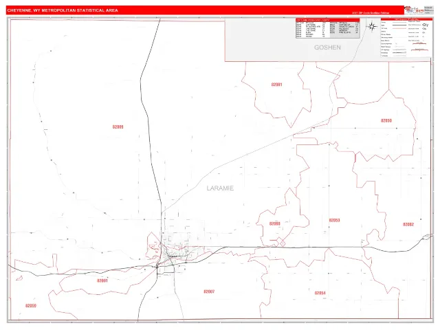 Cheyenne Metro Area ZIP Code Wall Map, RedLine style