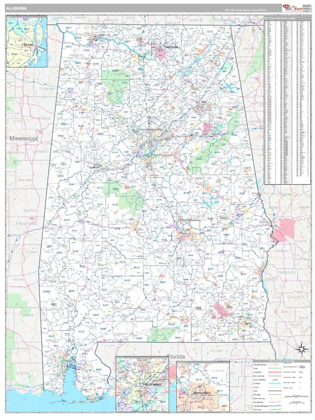Alabama State ZIP Code Wall Map, Classic style