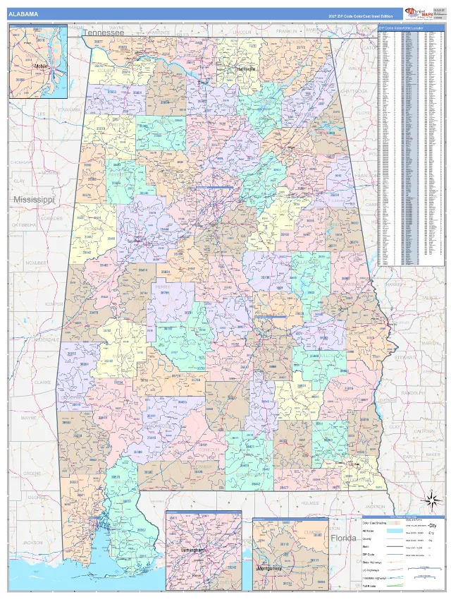 Alabama State ZIP Code Wall Map, ColorCast style