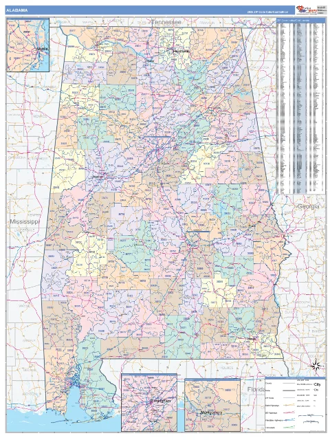 Alabama ZIP Code wall map in the ColorCast Style
