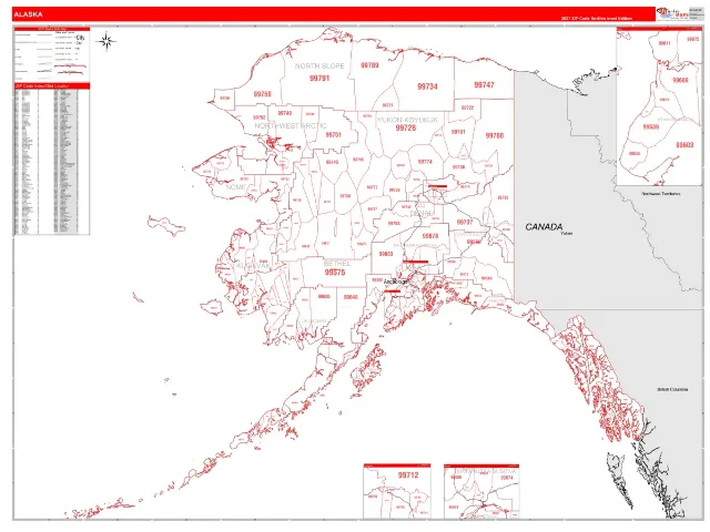 Alaska State ZIP Code Wall Map, RedLine style
