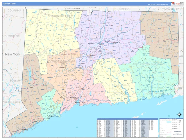 Connecticut State ZIP Code Wall Map, ColorCast style