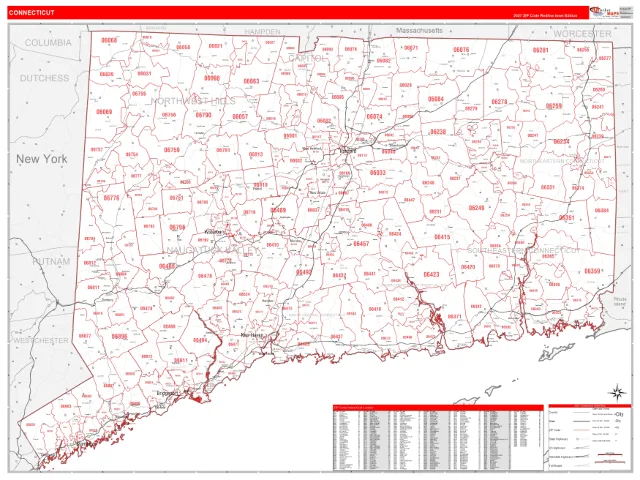 Connecticut State ZIP Code Wall Map, RedLine style