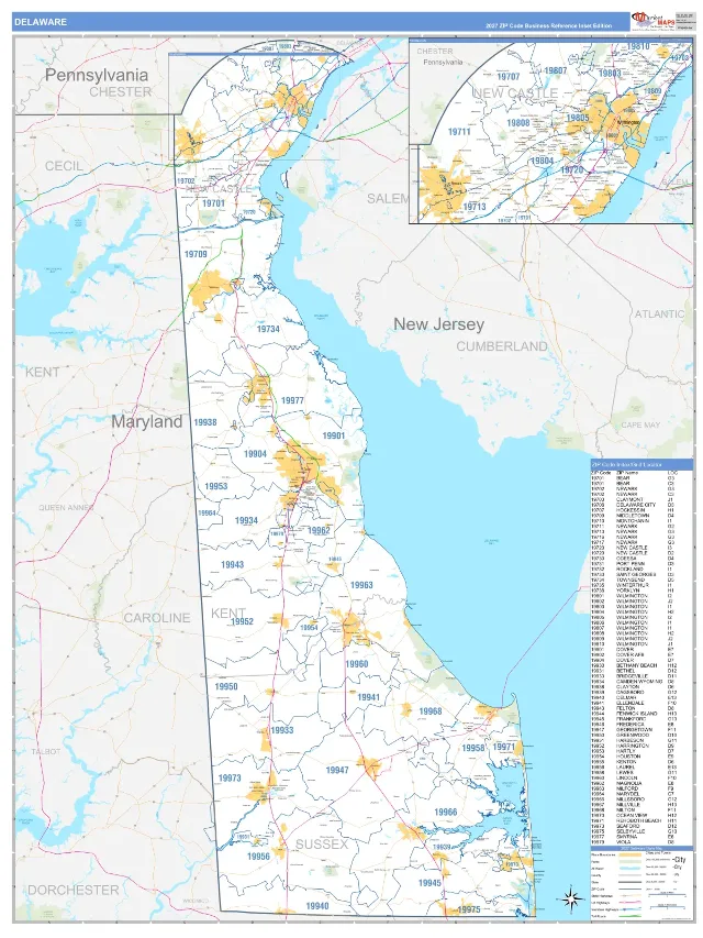 Delaware State ZIP Code Wall Map, Business Reference style