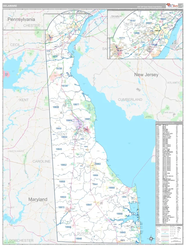 Delaware State ZIP Code Wall Map, Classic style