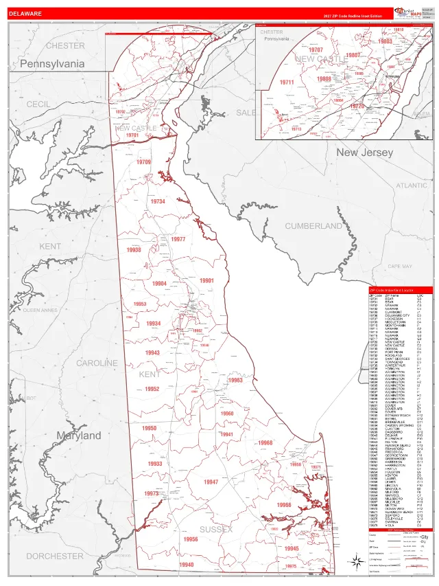 Delaware State ZIP Code Wall Map, RedLine style