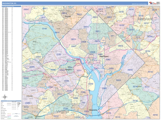 District of Columbia State ZIP Code Wall Map, ColorCast style