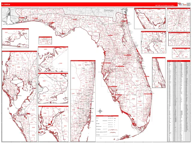Florida State ZIP Code Wall Map, RedLine style