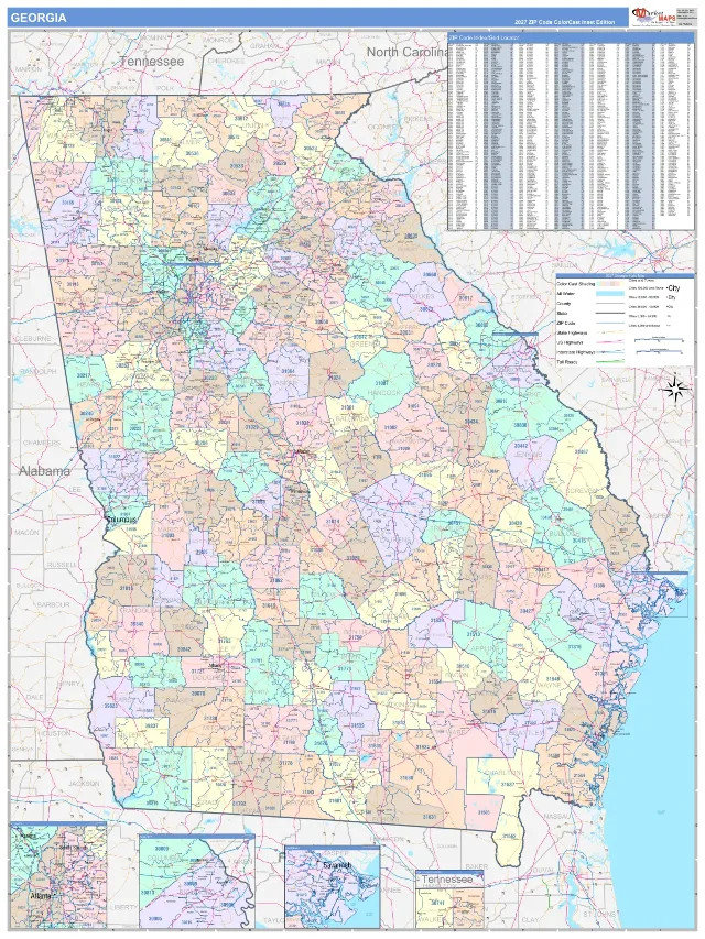 Georgia State ZIP Code Wall Map, ColorCast style