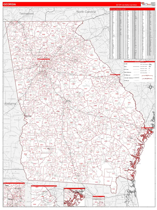 Georgia State ZIP Code Wall Map, RedLine style
