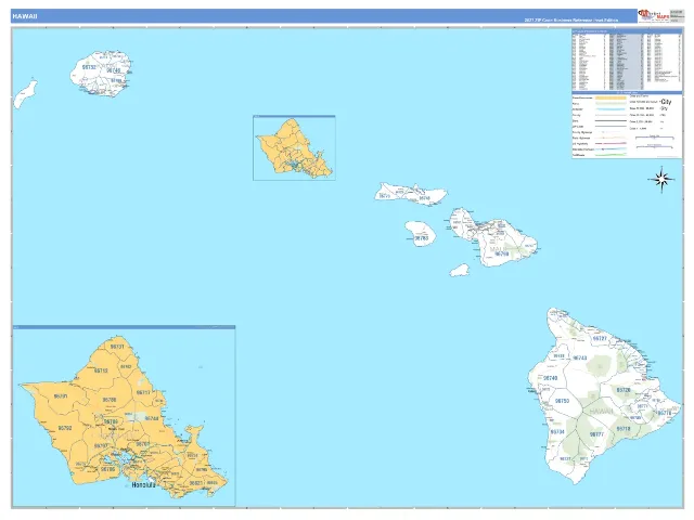 Hawaii State ZIP Code Wall Map, Business Reference style