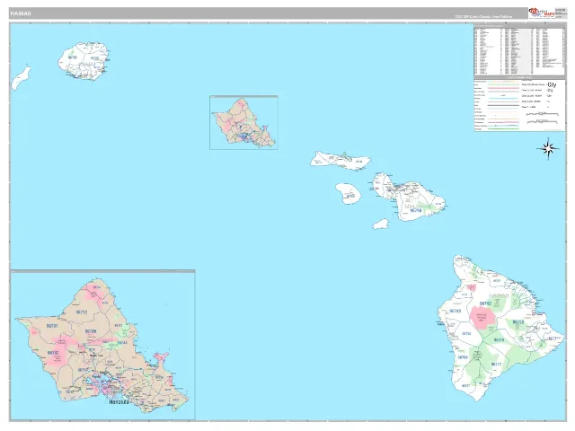 Hawaii State ZIP Code Wall Map, Classic style