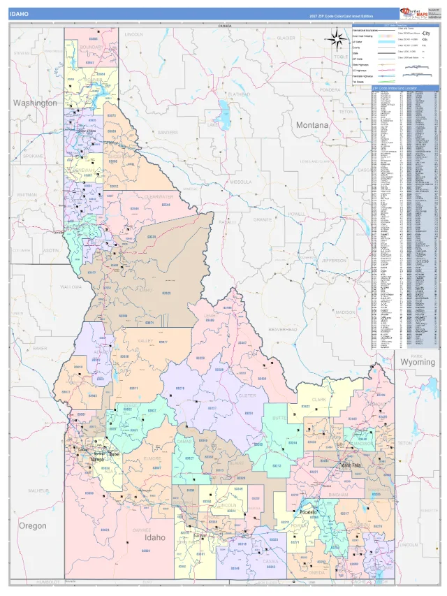 Idaho State ZIP Code Wall Map, ColorCast style