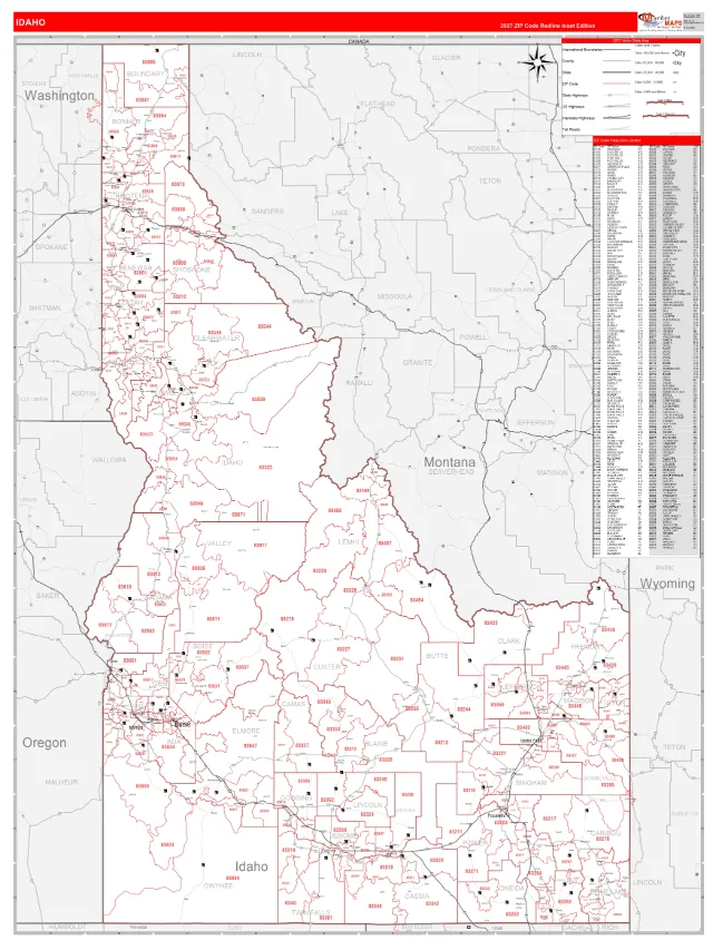 Idaho State ZIP Code Wall Map, RedLine style