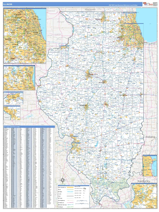 Illinois State ZIP Code Wall Map, Business Reference style