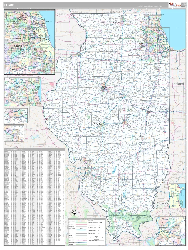 Illinois State ZIP Code Wall Map, Classic style