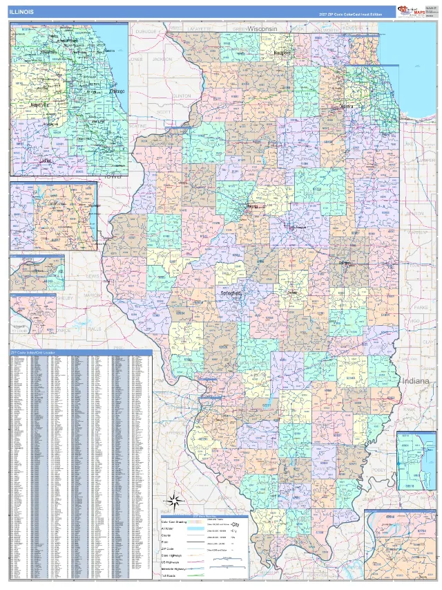Illinois State ZIP Code Wall Map, ColorCast style