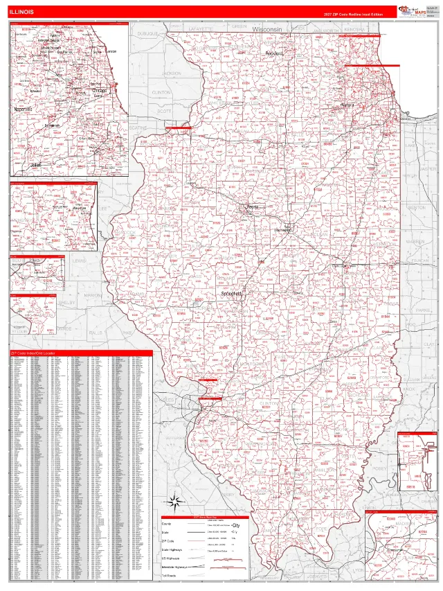 Illinois State ZIP Code Wall Map, RedLine style