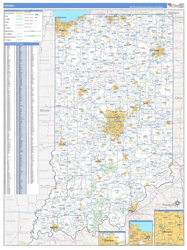 Indiana State ZIP Code Wall Map, Business Reference style