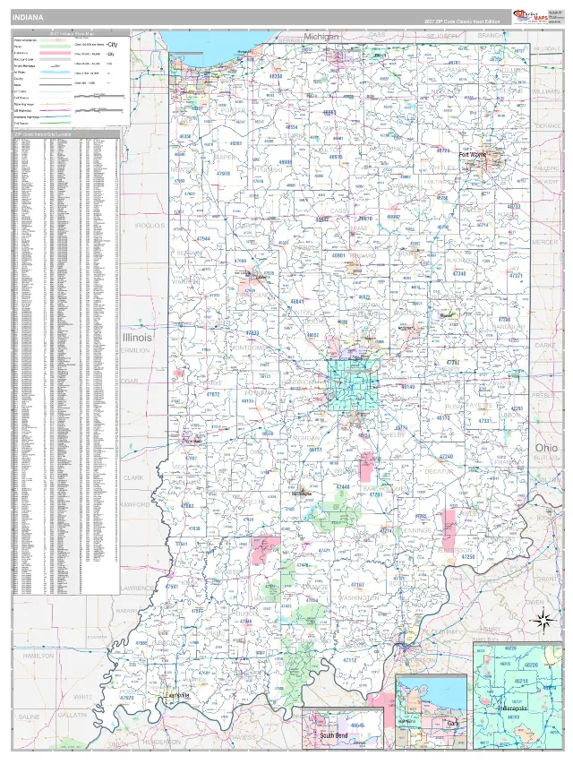 Indiana State ZIP Code Wall Map, Classic style