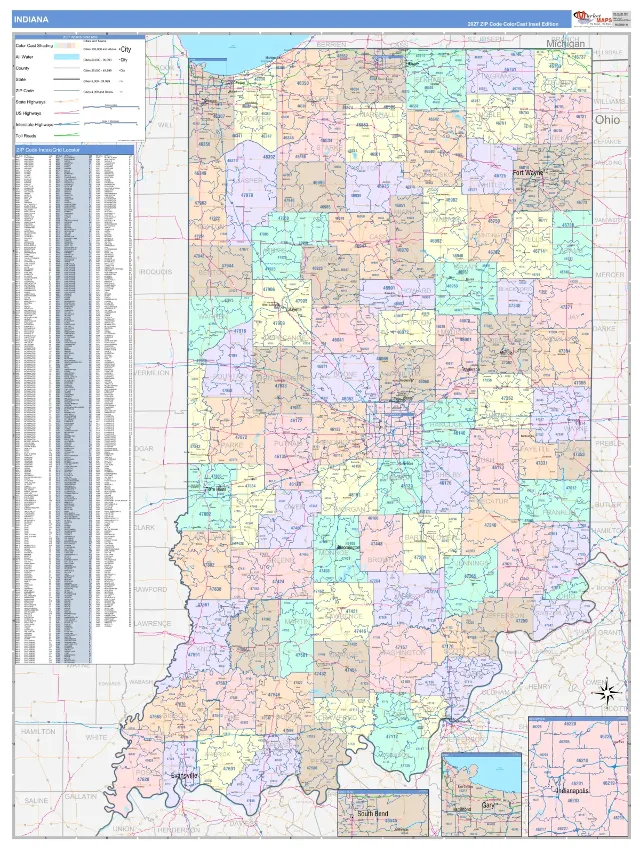 Indiana State ZIP Code Wall Map, ColorCast style