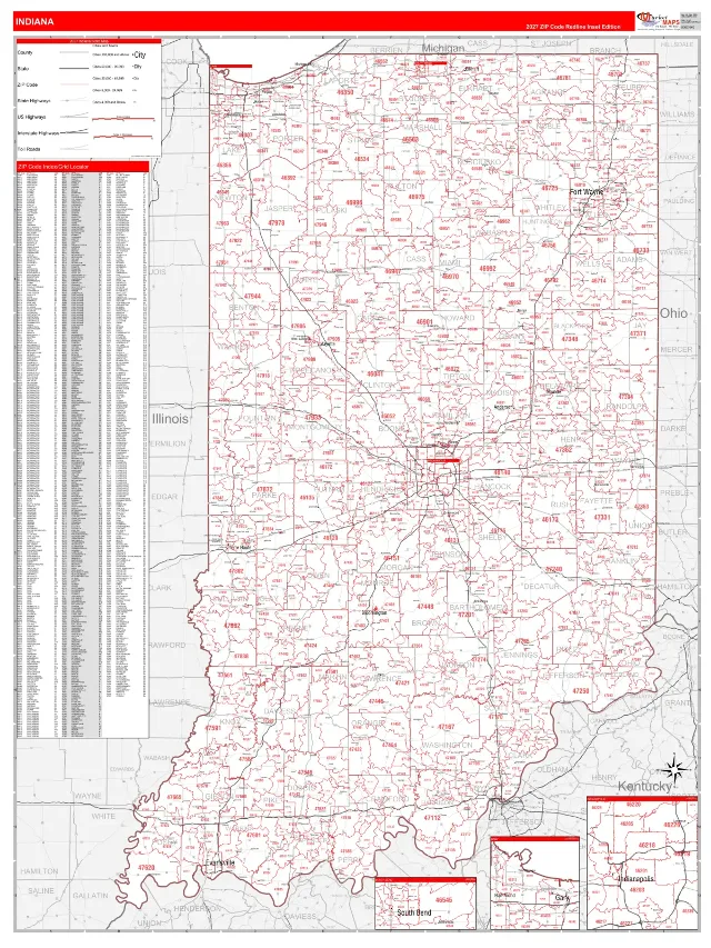 Indiana State ZIP Code Wall Map, RedLine style