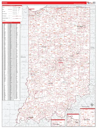 Indiana RedLine style ZIP Code wall map