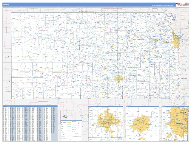 Kansas State ZIP Code Wall Map, Business Reference style