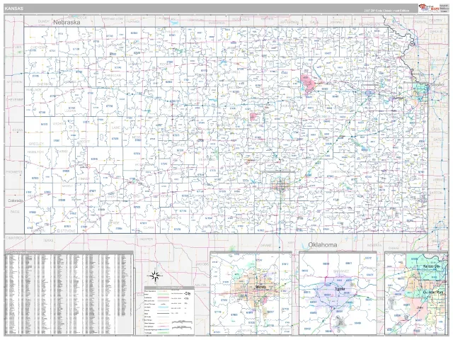 Kansas State ZIP Code Wall Map, Classic style