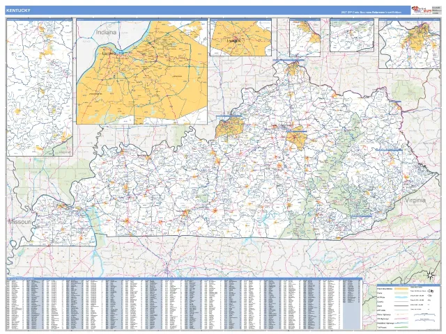 Kentucky State ZIP Code Wall Map, Business Reference style