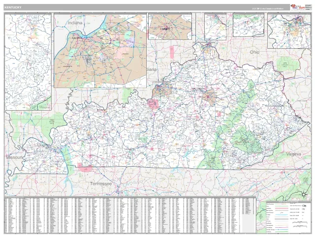 Kentucky State ZIP Code Wall Map, Classic style