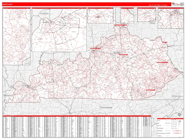 Kentucky State ZIP Code Wall Map, RedLine style
