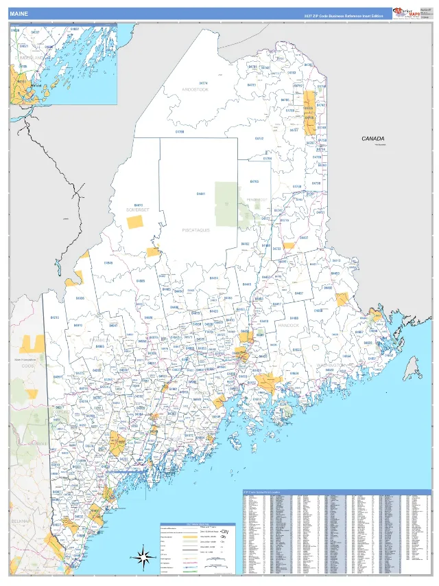 Maine State ZIP Code Wall Map, Business Reference style
