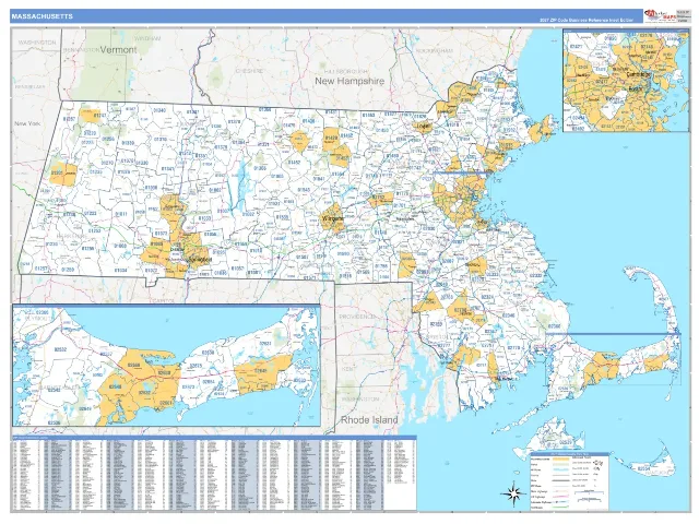 Massachusetts State ZIP Code Wall Map, Business Reference style