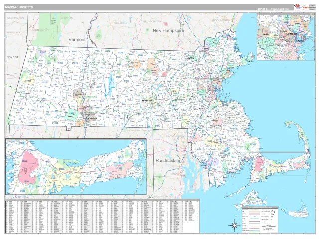 Massachusetts State ZIP Code Wall Map, Classic style