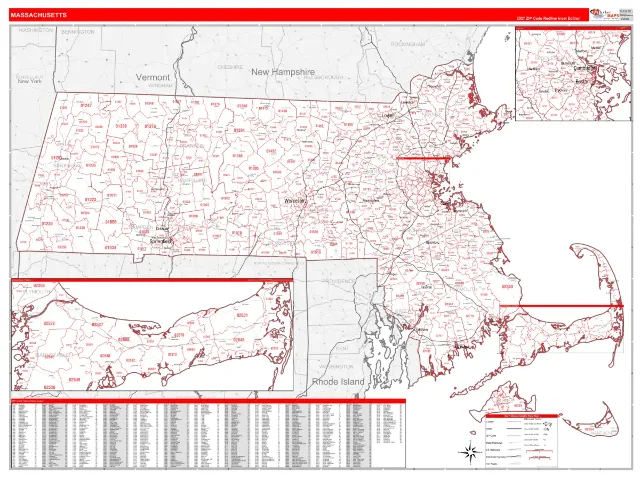 Massachusetts State ZIP Code Wall Map, RedLine style