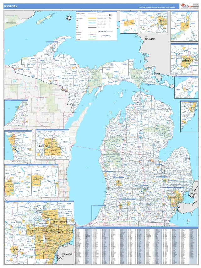Michigan State ZIP Code Wall Map, Business Reference style