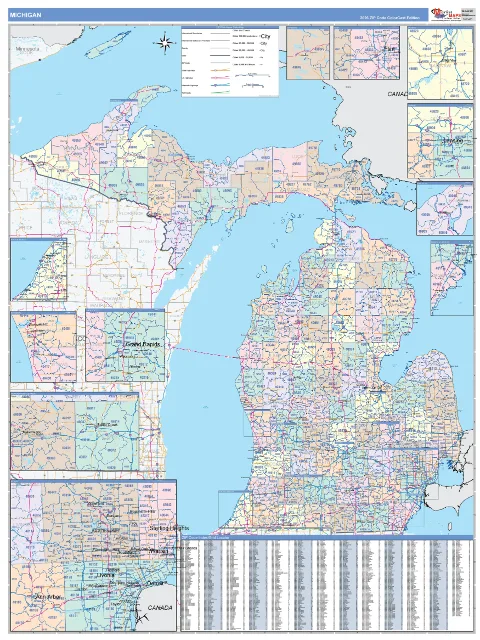 Michigan ZIP Code wall map in the ColorCast Style