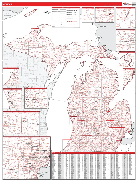 Michigan ZIP Code wall map in the RedLine Style