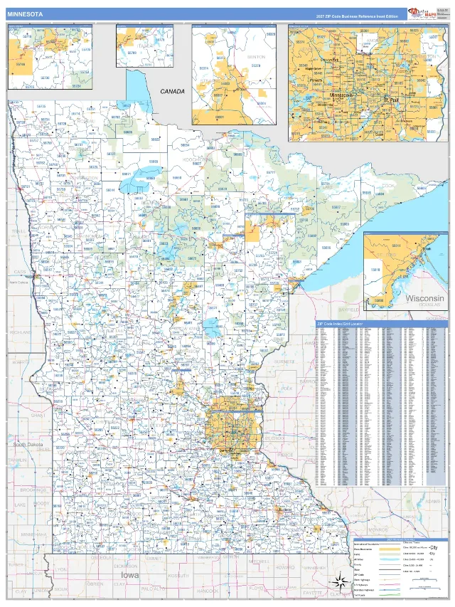 Minnesota State ZIP Code Wall Map, Business Reference style
