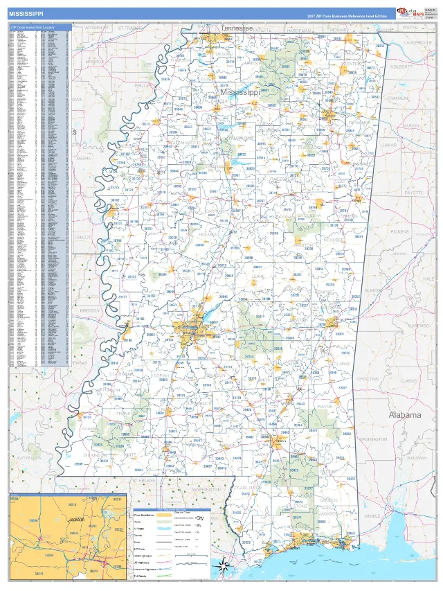 Mississippi State ZIP Code Wall Map, Business Reference style