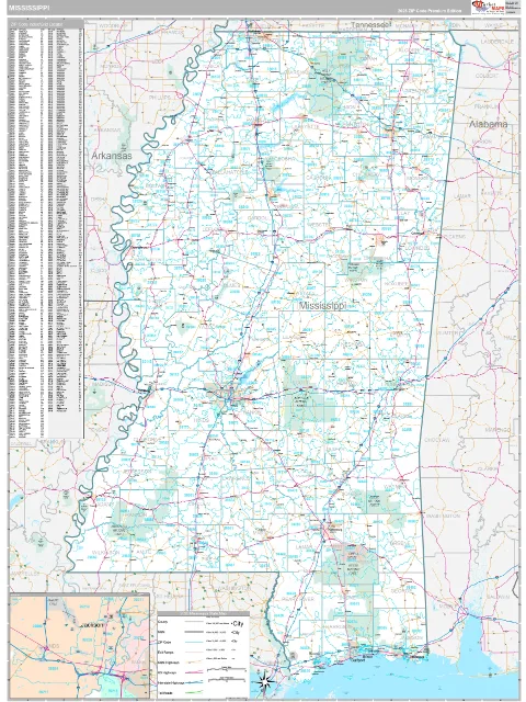 Mississippi ZIP Code wall map in the Classic Style