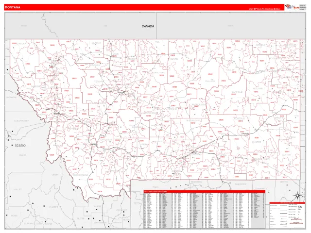 Montana State ZIP Code Wall Map, RedLine style