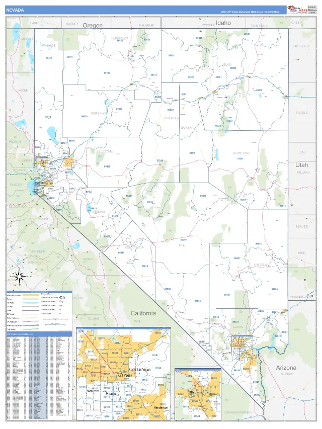 Nevada State ZIP Code Wall Map, Business Reference style