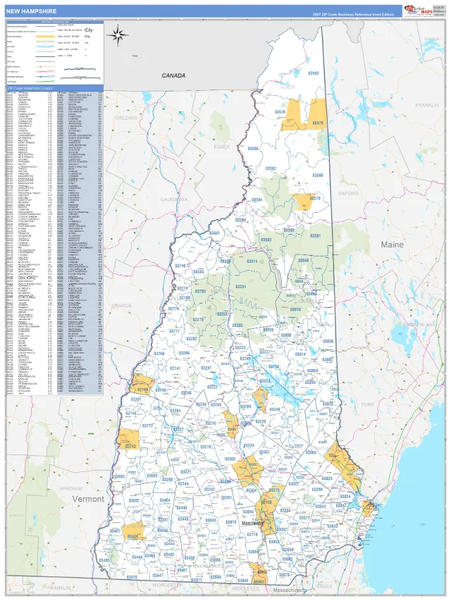 New Hampshire State ZIP Code Wall Map, Business Reference style