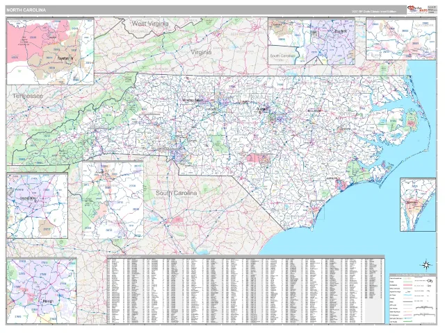 North Carolina State ZIP Code Wall Map, Classic style